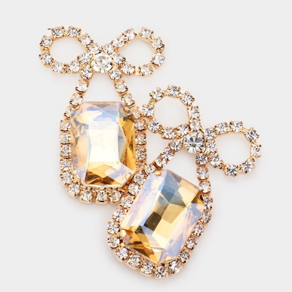 Rhinestone Bow Emerald Cut Stone Evening Earrings